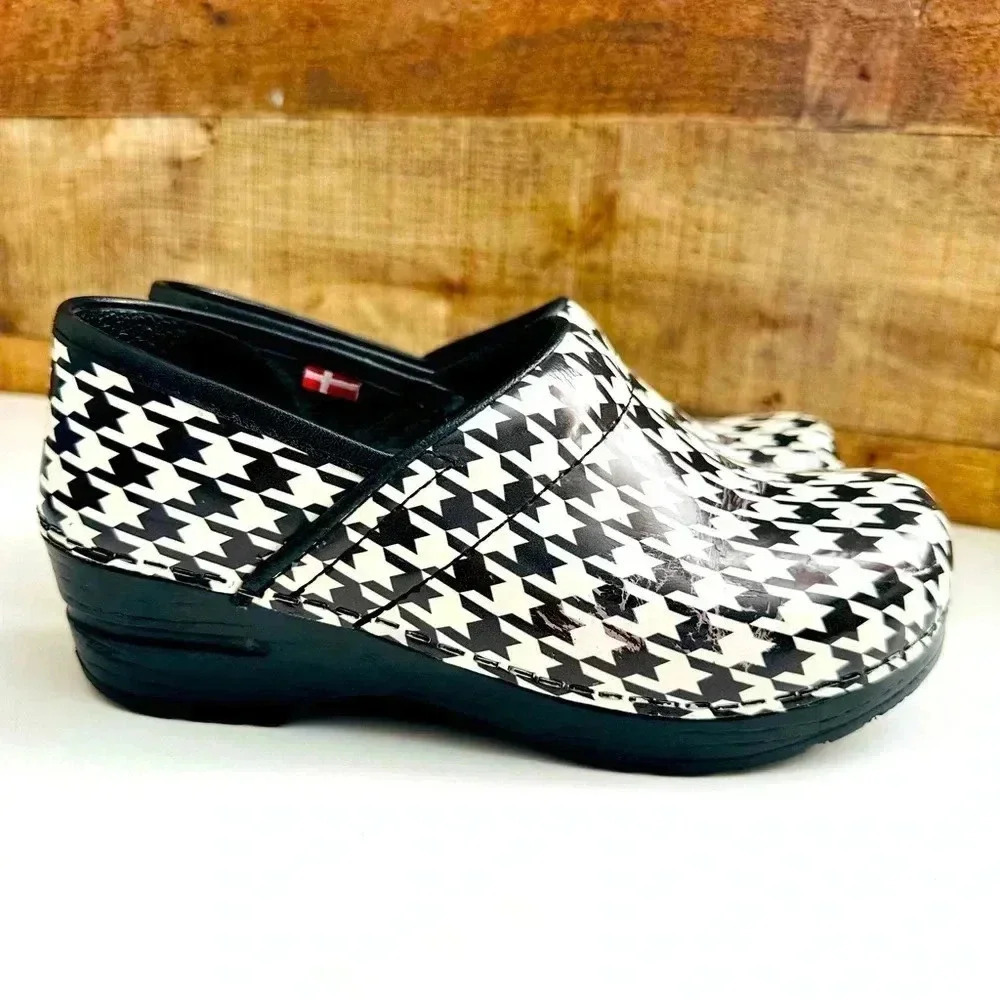 Sanita Houndstooth Black & White Patent Leather Clogs